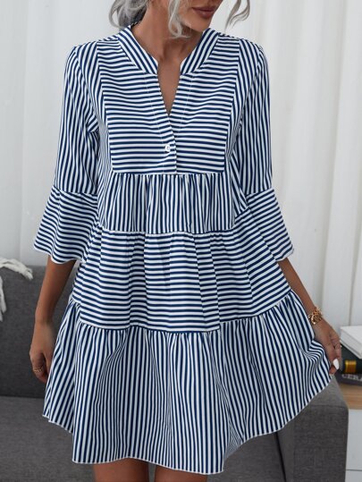 SHEIN LUNE Striped Single Button Front Flounce Hem Dress