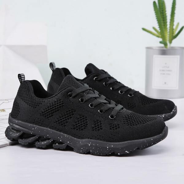 

Minimalist Lace-up Front Knit Running Shoes, Black