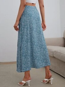 SHEIN VCAY Váy nữ Thắt nút Trọn gói Tách cao Họa tiết hoa Boho - Xanh và trắng - Xem 2