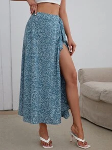 SHEIN VCAY Váy nữ Thắt nút Trọn gói Tách cao Họa tiết hoa Boho - Xanh và trắng - Xem 3