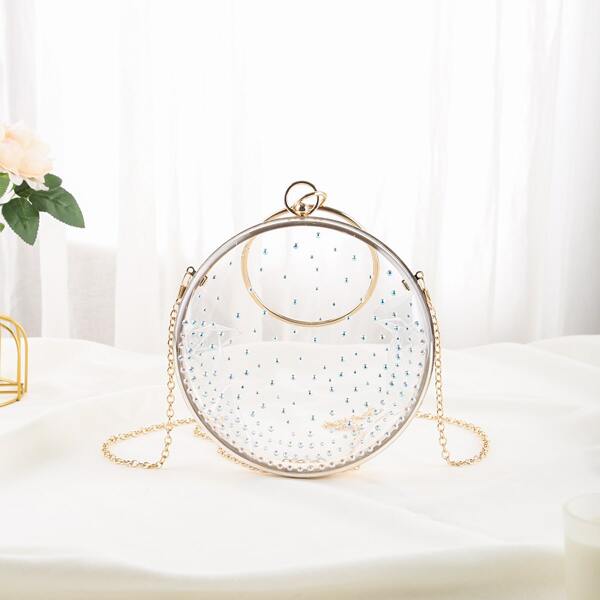 

Clear Rhinestone Decor Ring Handle Clutch Bag