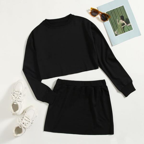 

Solid Drop Shoulder Sweatshirt & Skirt, Black