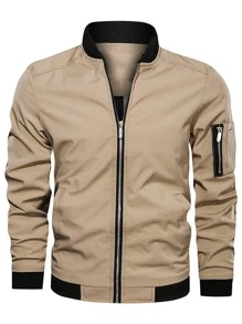 Manfinity Homme Men Solid Zip Up Bomber Jacket, Men Bomber Jacket, Beige Jacket Men, Men Jackets Street Wear