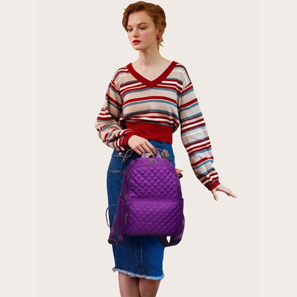 

Quilted Embossed Zip Backpack, Purple