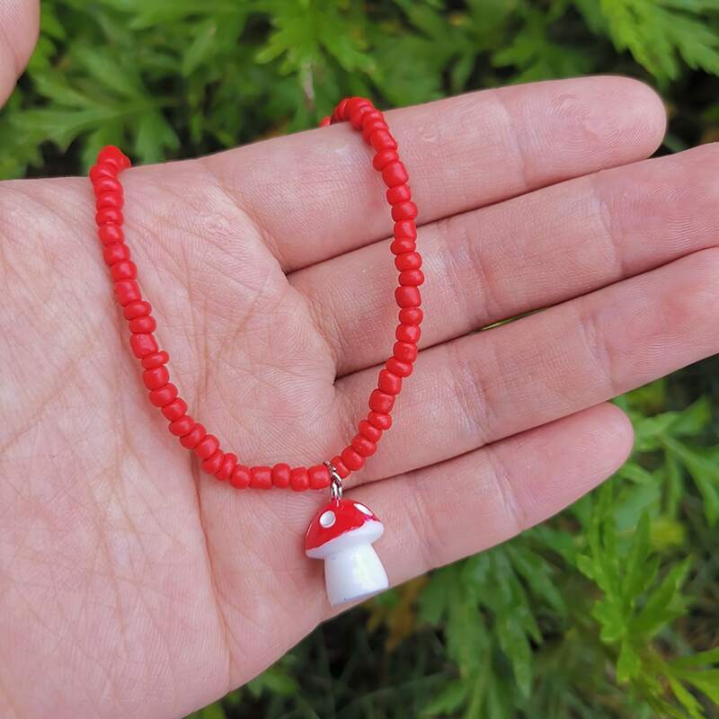 

Mushroom Pendant Beaded Necklace, Red