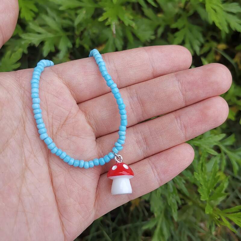 

Mushroom Pendant Beaded Necklace, Blue