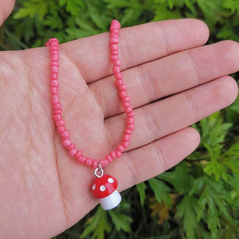 

Mushroom Pendant Beaded Necklace, Hot pink