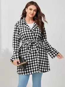 Mulvari Plus Gingham Lapel Neck Belted Tweed Overcoat - Black and White - View 1