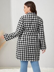 Mulvari Plus Gingham Lapel Neck Belted Tweed Overcoat - Black and White - View 2