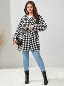 Mulvari Plus Gingham Lapel Neck Belted Tweed Overcoat - Black and White - View 3