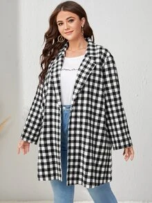 Mulvari Plus Gingham Lapel Neck Belted Tweed Overcoat - Black and White - View 4