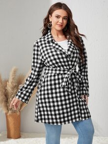 Mulvari Plus Gingham Lapel Neck Belted Tweed Overcoat - Black and White - View 5