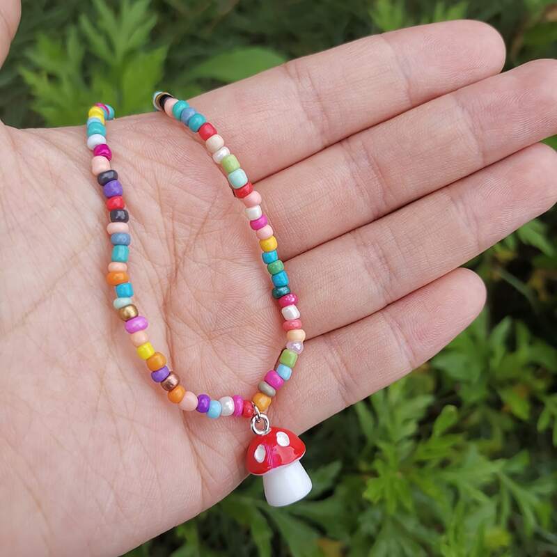 

Mushroom Pendant Beaded Necklace, Multicolor