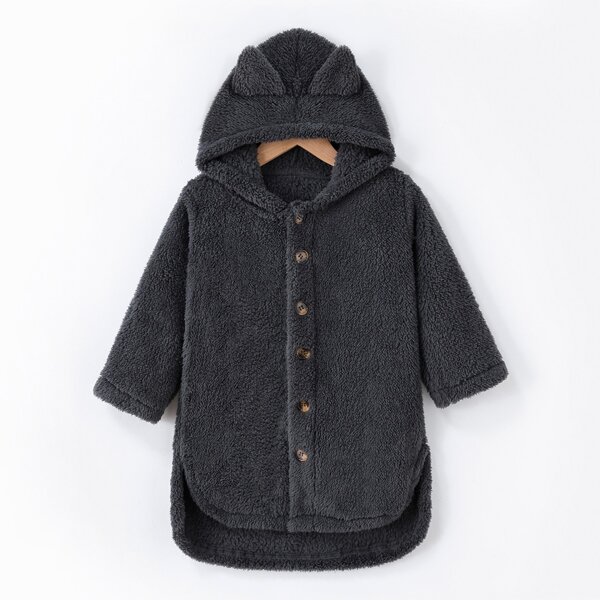 

Toddler Girls High Low 3D Patched Hooded Teddy Coat, Dark grey