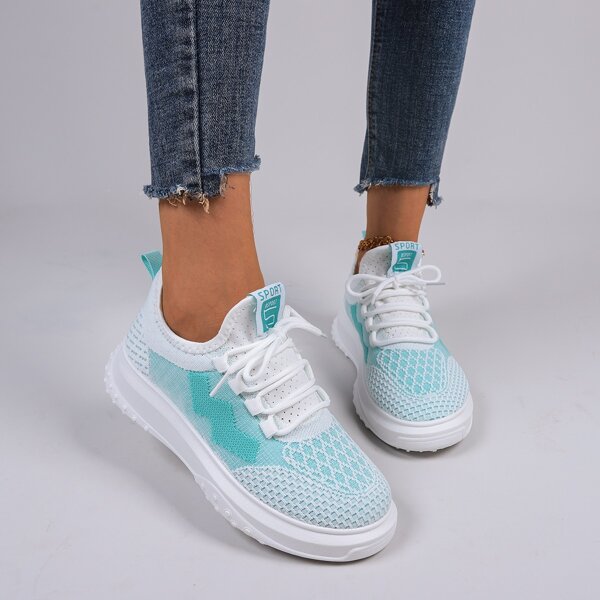 

Two Tone Knit Detail Lace-up Front Sneakers, Baby blue