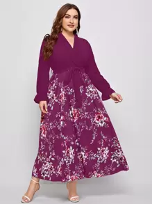 Calvaya Plus Floral Print Surplice Front Belted Dress - Purple - View 1