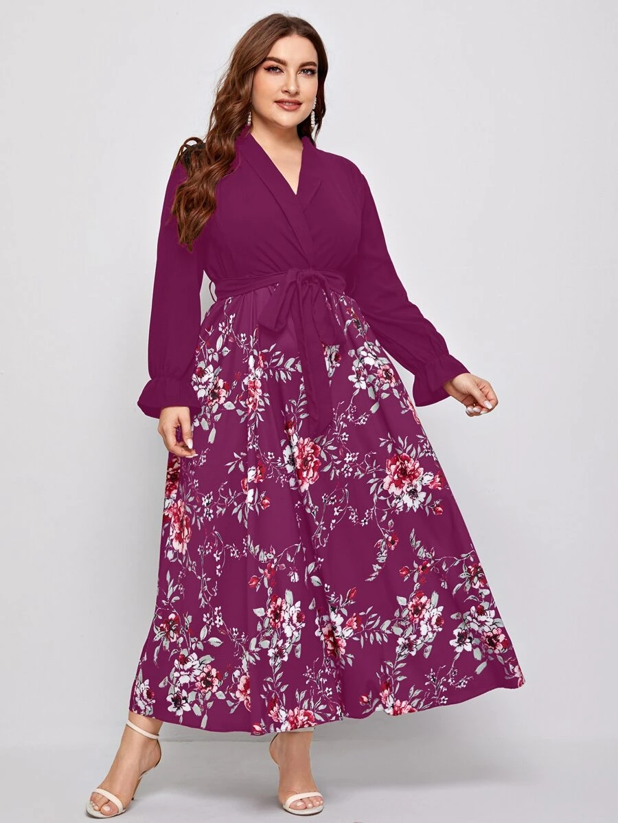 Calvaya Plus Floral Print Surplice Front Belted Dress - Purple - View 1