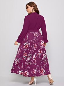 Calvaya Plus Floral Print Surplice Front Belted Dress - Purple - View 2