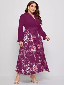 Calvaya Plus Floral Print Surplice Front Belted Dress - Purple - View 4
