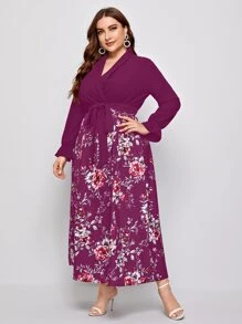 Calvaya Plus Floral Print Surplice Front Belted Dress - Purple - View 5