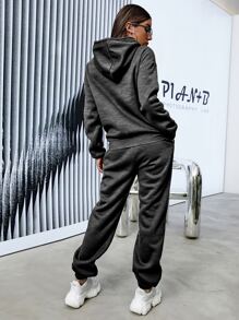 SHEIN Unity 翻蓋口袋落肩袖抽繩連帽衫和衛褲 - 深灰色 - 查看 2