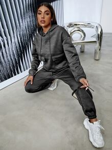 SHEIN Unity 翻蓋口袋落肩袖抽繩連帽衫和衛褲 - 深灰色 - 查看 3
