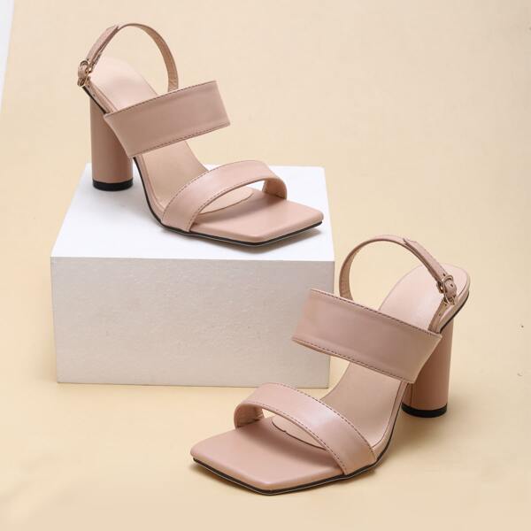 

Minimalist Open Toe Chunky Heeled Slingback Sandals, Apricot