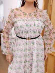 Modelyn Vestido ribete con fruncido de manga con volante con cinturón floral de malla - Multicolor - Ver 4
