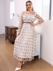Modelyn Vestido ribete con fruncido de manga con volante con cinturón floral de malla - Multicolor - Ver 5