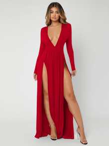 SHEIN SXY Plunge Neck High Split Dress - Red - View 3