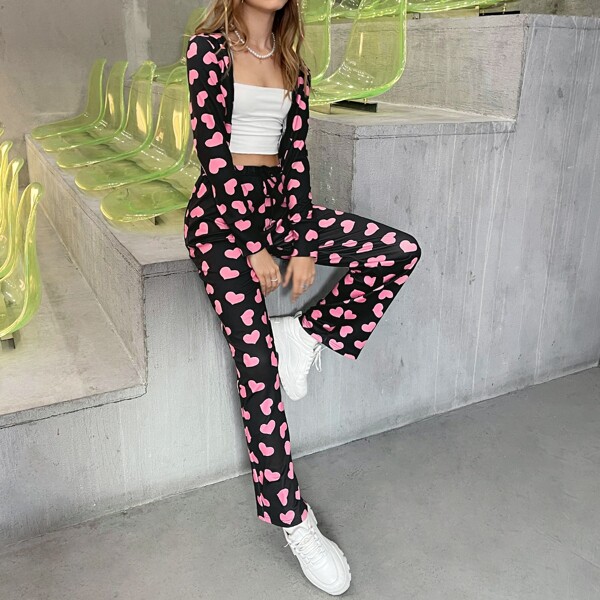 

Heart Print Zip Up Drawstring Hooded Jacket & Drawstring Waist Pants, Multicolor