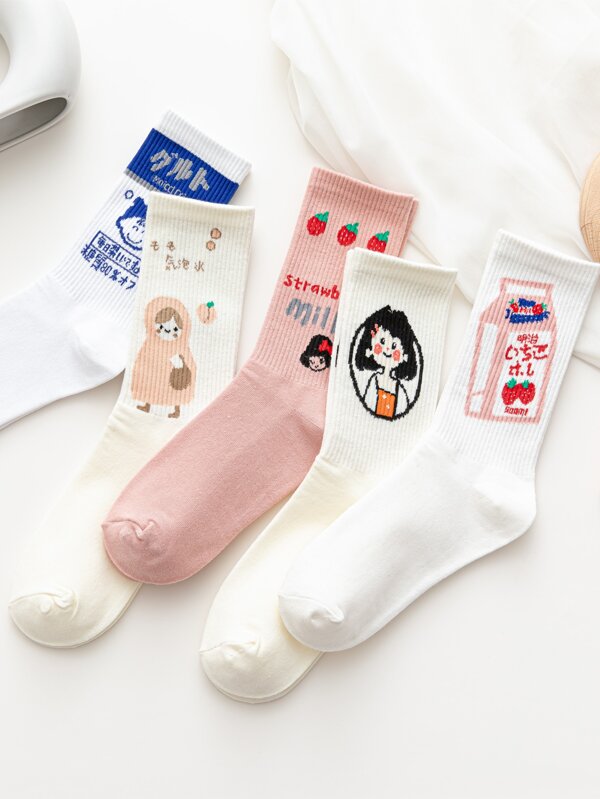 5pairs Cartoon Figure Graphic Crew Socks