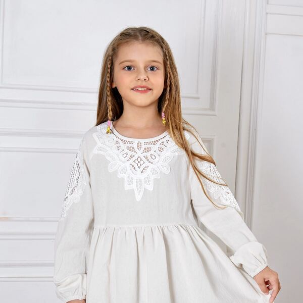 

Girls Contrast Lace Smock Dress, White