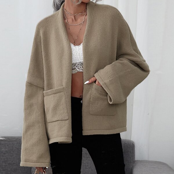 

Dual Pocket Drop Shoulder Open Front Cardigan, Apricot