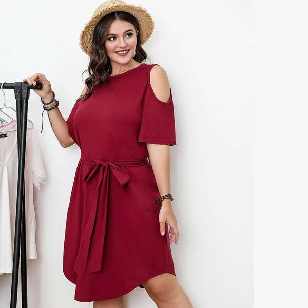 

Plus Cold Shoulder Self Tie Dress, Burgundy