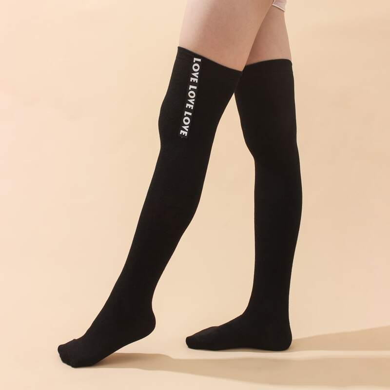 

Letter Graphic Over The Knee Socks, Black