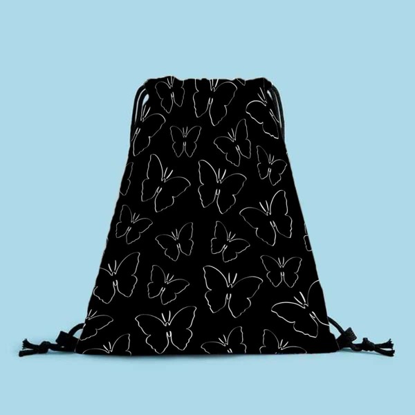 

Butterfly Pattern Drawstring Backpack, Black and white