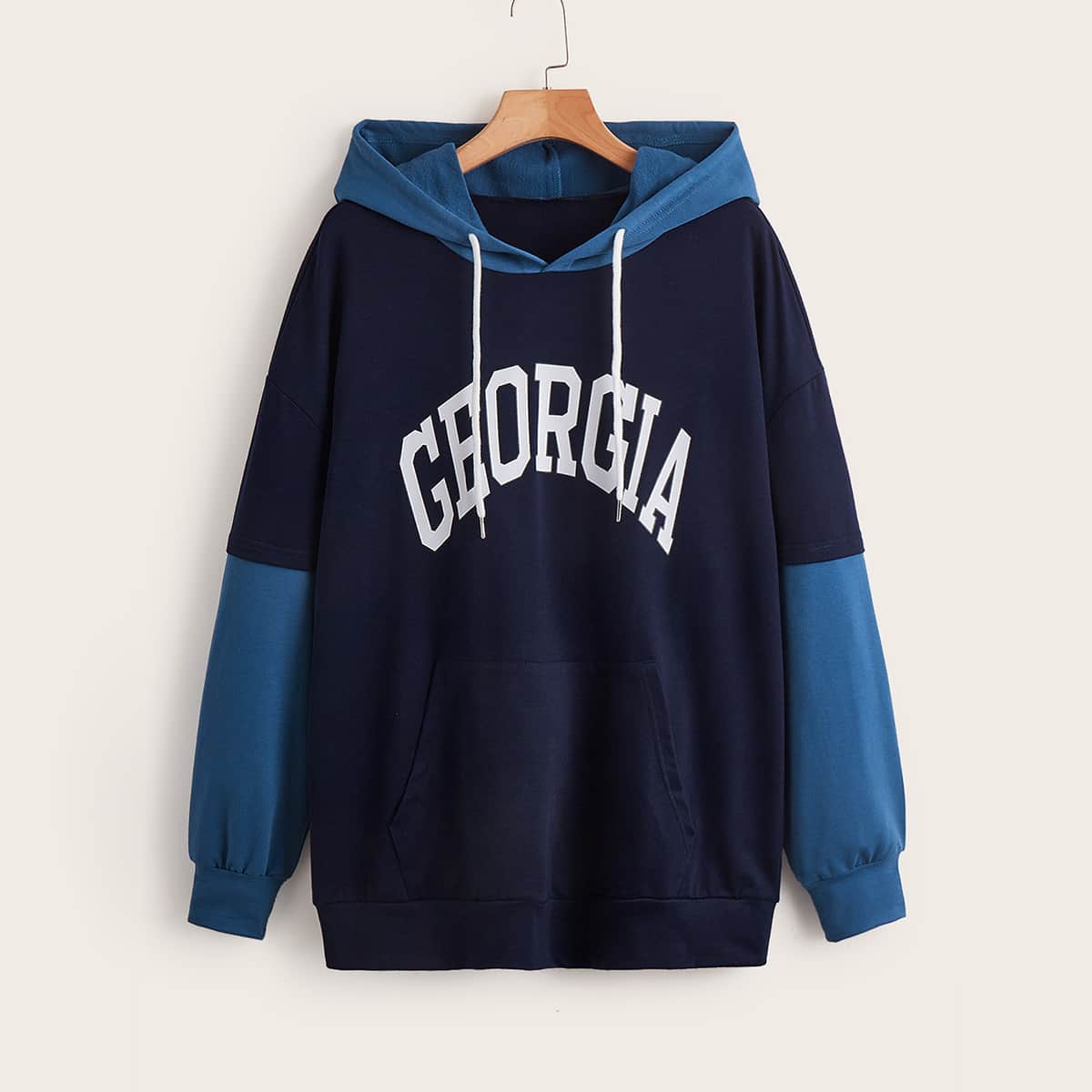 

Letter Colorblock Pocket Drawstring Hoodie, Multicolor