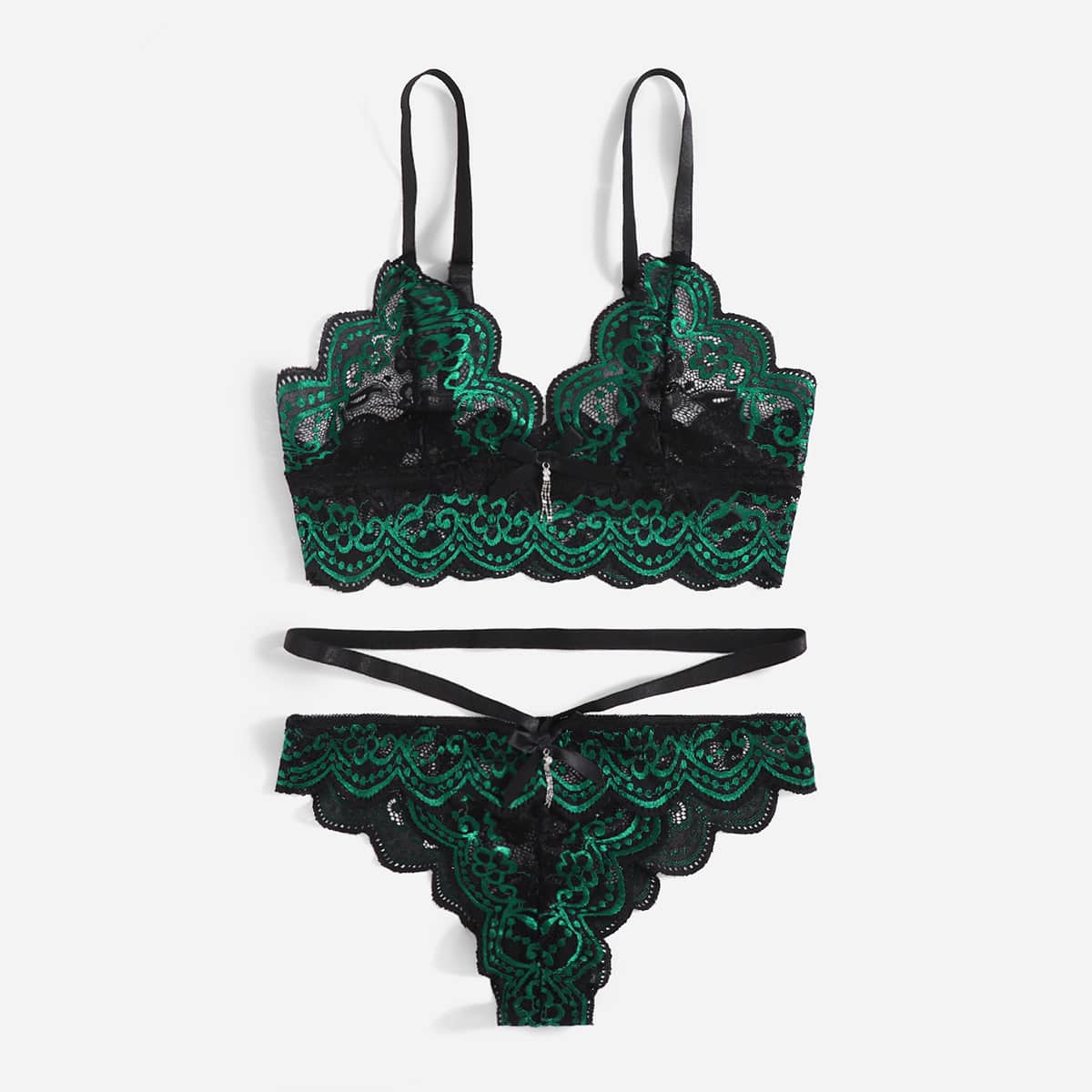 

Floral Lace Scallop Trim Lingerie Set, Green