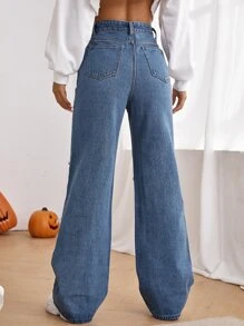 Jeans desgarro de pierna ancha de talle alto con abertura - Azul lavado medio - Ver 2