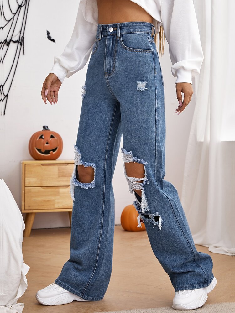 High Waist Cut Out Ripped Wide Leg Jeans - Medium Wash - View 3