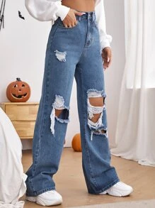 Jeans desgarro de pierna ancha de talle alto con abertura - Azul lavado medio - Ver 4