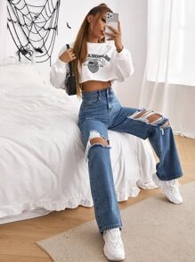 Jeans desgarro de pierna ancha de talle alto con abertura - Azul lavado medio - Ver 5