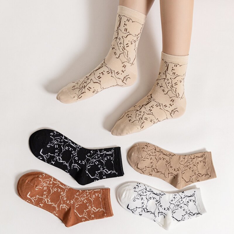 

5pairs Cat Print Crew Socks, Multicolor