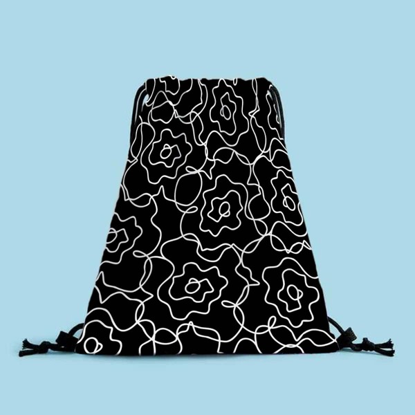 

Allover Floral Graphic Drawstring Backpack, Black and white
