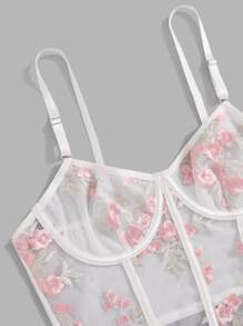 Floral Embroidery Mesh Underwire Bra - Pink - View 3