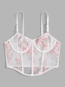 Floral Embroidery Mesh Underwire Bra - Pink - View 1