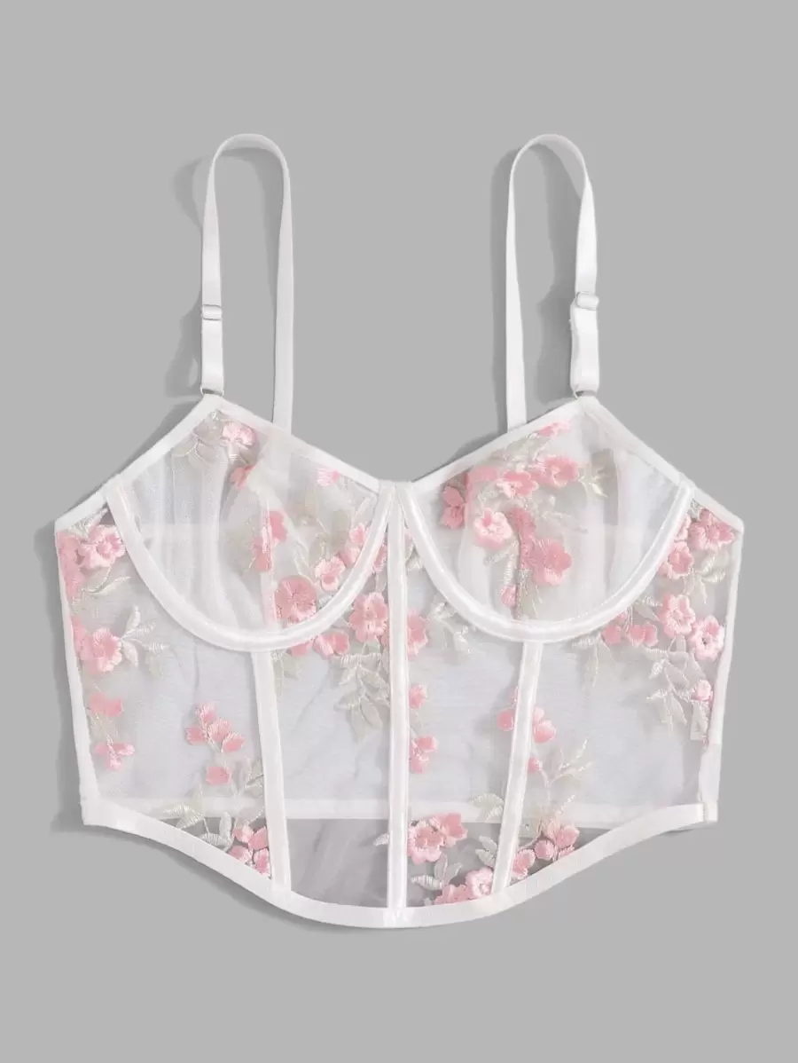 Floral Embroidery Mesh Underwire Bra - Pink - View 1