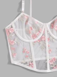 Floral Embroidery Mesh Underwire Bra - Pink - View 5