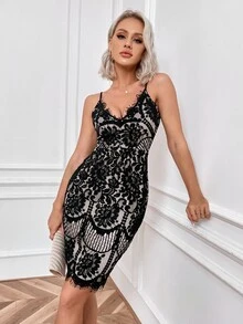 Eilly Bazar Vestido ajustado sin manga con encaje de pestaña - Negro - Ver 5